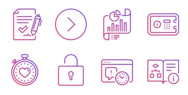 Güvenli kutu, Rapor belgesi ve Proje son tarih simgeleri ayarlandı. Onaylı anlaşma, Kilit ve İleri işaretleri. Vektör