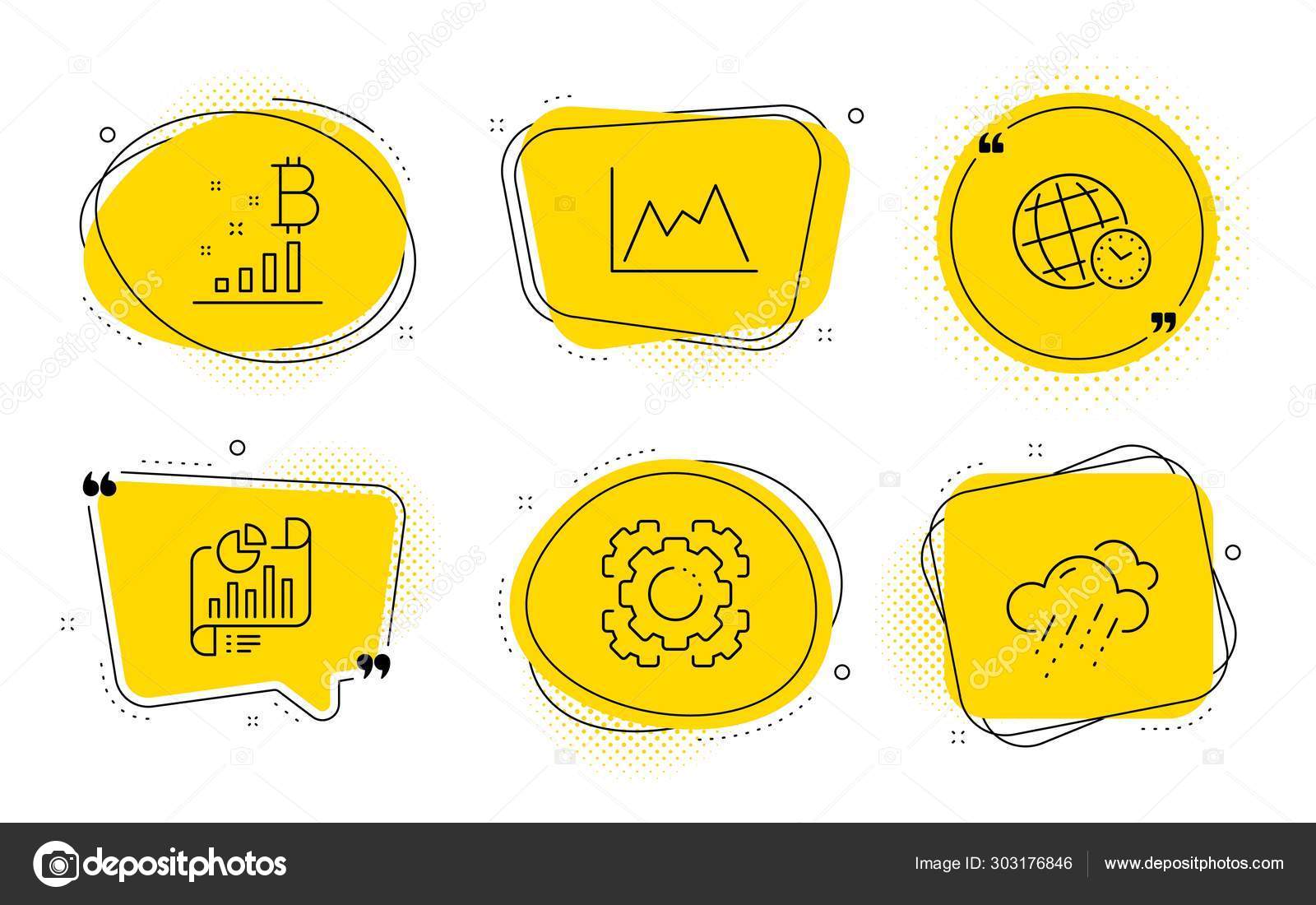 표준 시간대, 보고서 문서 및 다이어그램 아이콘 설정. 서 기어, 비트 코인 그래프와 비오는 날씨 표지판. 벡터 스톡 벡터 -  ©Blankstock 303176846