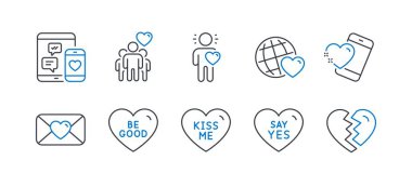 Kiss me, Friendship, Heart gibi Aşk simgeleri seti. Vektör
