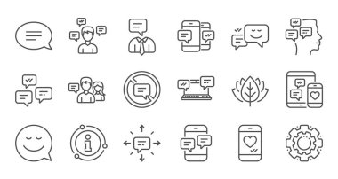 İleti ve Iletişim simgeleri. Grup sohbeti, konuşma balonu ve SMS. doğrusal simge seti. Vektör