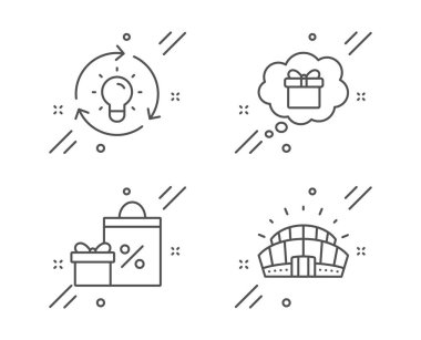 Fikir, Alışveriş ve Hediye rüya simgeleri ayarlayın. Spor stadyum tabelası. Ampul, Hediyeler ve satış, bir hediye alın. Vektör