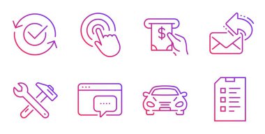 Onaylandı, Posta ve Araç simgelerini paylaşın. Atm hizmeti, Click ve Seo mesaj işaretleri. Vektör