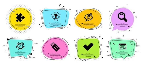 Conjunto de iconos de búsqueda, trofeo y flash Usb. Señales de estrategia, chat de derechos de autor y gestión del tiempo. Vector — Vector de stock