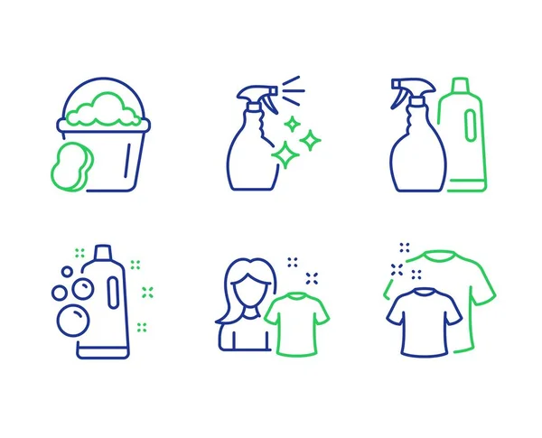 Clean bubbles, Clean shirt and Shampoo and spray icons set. Sponge, Washing cleanser signs. Vector — Stock Vector