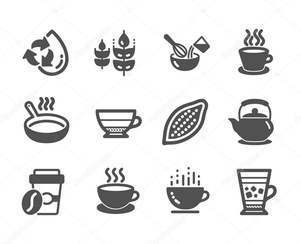 Set of Food and drink icons, such as Cocoa nut, Takeaway coffee, Tea cup. Vector