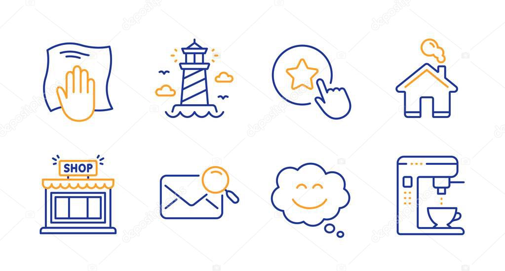 Shop, Lighthouse and Smile chat icons set. Loyalty star, Search mail and Washing cloth signs. Vector
