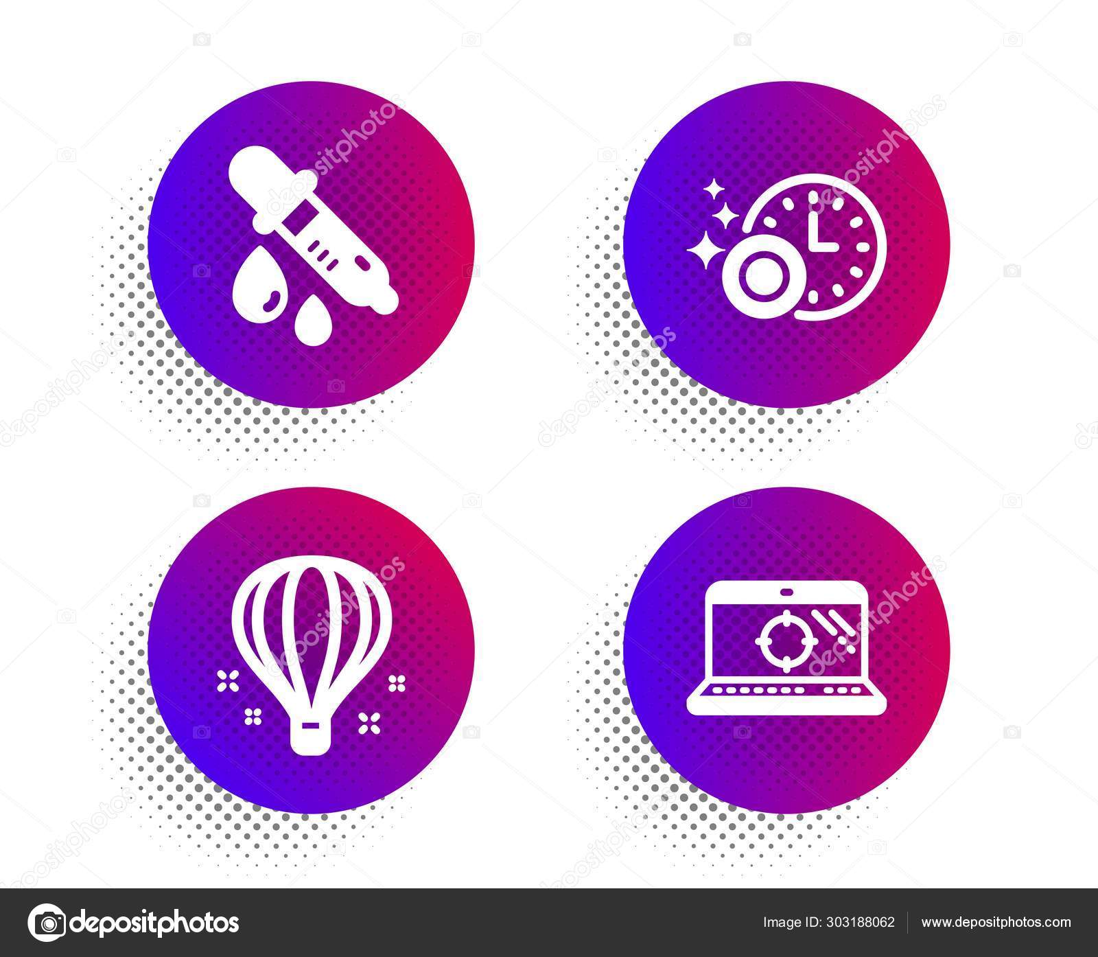 Dishwasher timer, Chemistry pipette and Air balloon icons set. Seo