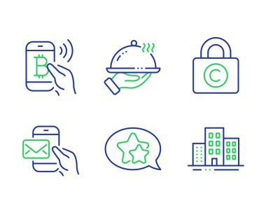 Bitcoin ödeme, Telif hakkı dolap ve Star simgeleri ayarlayın. Restoran yemekleri, Messenger postaları ve Binalar tabelaları. Vektör