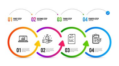 Kimya laboratuvarı, Çevrimiçi istatistikler ve Rapor belge simgeleri ayarlanır. Anket denetim listesi işareti. Vektör