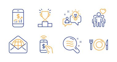 Mobil finans, Web postave Arkadaşlık simgeleri ayarlanır. Telefon ödeme, Fikir ve Kazanan podyum işaretleri. Vektör