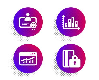 Diyagram grafiği, Sertifika ve Web Sitesi istatistikleri simgeleri ayarlanır. Bloke kart işareti. Vektör