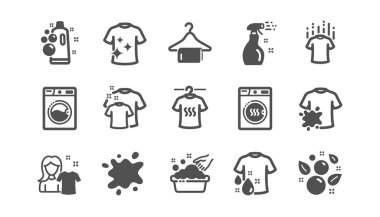 Laundry icons. Dryer, Washing machine and dirt shirt. Classic set. Vector clipart