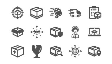 Lojistik ve Nakliye simgeleri. Kamyon Teslimatı, Kontrol Listesi ve Koli takibi. Klasik simge seti. Vektör