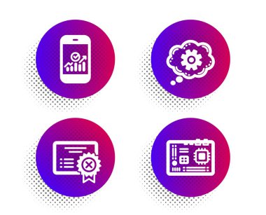 Sertifikayı, Akıllı Telefon istatistiklerini ve Cogwheel simgelerini reddet. Anakart işareti. Vektör