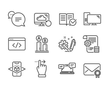 Doğrulanmış posta, Metin iletisi, Mühendislik gibi Teknoloji simgeleri kümesi. Vektör