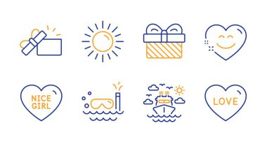 Smile sohbet, Tüplü dalış ve Güneş simgeleri ayarlayın. Güzel kız, Hediye ve Açık hediye işaretleri. Gemi yolculuğu, Aşk sembolleri. Vektör