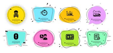 Tamirci, Kamyon teslimi ve Kontrol edilmiş hesaplama simgeleri ayarlandı. Zamanlayıcı, Kimyasal tehlike ve Güvenli kutu işaretleri. Vektör