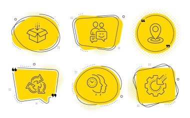 Konum, Kutu ve İletişim simgeleri ayarlayın. Zaman yönetimi, Geri Dönüşüm ve Seo dişli işaretleri. Vektör