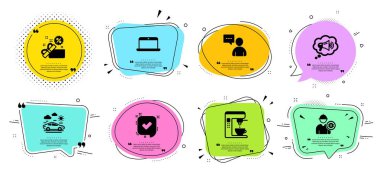 Onaylandı, Kullanıcılar sohbet ve Megafon simgeleri ayarlayın. Araba seyahat, Satış ve Laptop işaretleri. Vektör