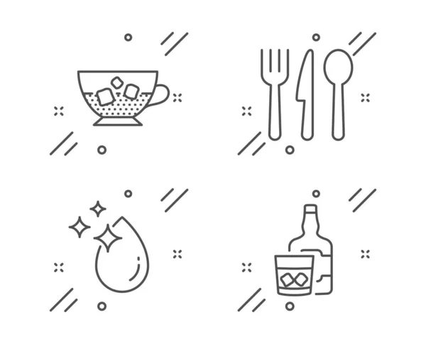 Conjunto de iconos de gota de café frío, comida y agua. Signo de cristal de whisky. Cubos de hielo en bebidas, cubiertos, agua cristalina. Vector — Vector de stock