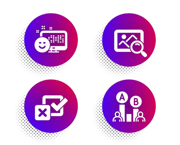 Gülümseme, Onay Kutusu ve Arama fotoğraf simgeleri ayarlayın. Ab test işareti. Olumlu geribildirim, Anket seçimi, Görüntü bul. Vektör