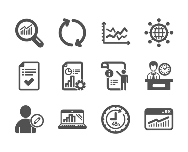 Set di icone tecnologiche, come 48 ore, computer portatile grafico, globo internazionale. Vettore — Vettoriale Stock