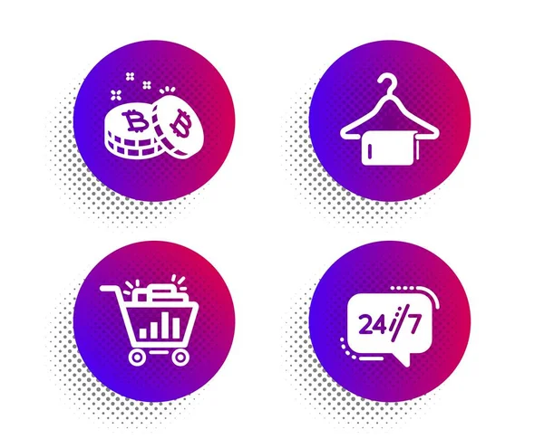 Čisté ručníky, nastavení nákupních ikon Bitpeníz a SEO. 24/7 servisní značka. Vektorové — Stockový vektor