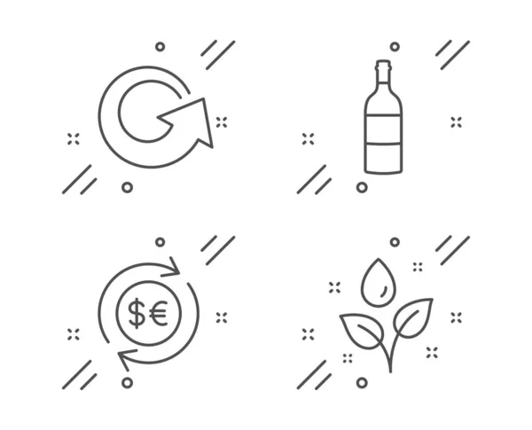 Conjunto de iconos de moneda, recarga y botella de vino. Plantas signo de riego. Vector — Vector de stock