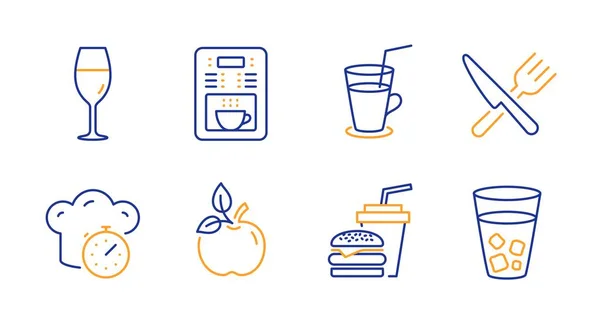 Voedsel, eco eten en koffiezetapparaat icons set. Hamburger, kookwekker en Wineglass tekenen. Vector — Stockvector