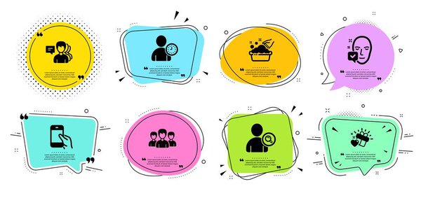 Find user, Face accepted and Love gift icons set. Group, Hand washing and Hold smartphone signs. Vector