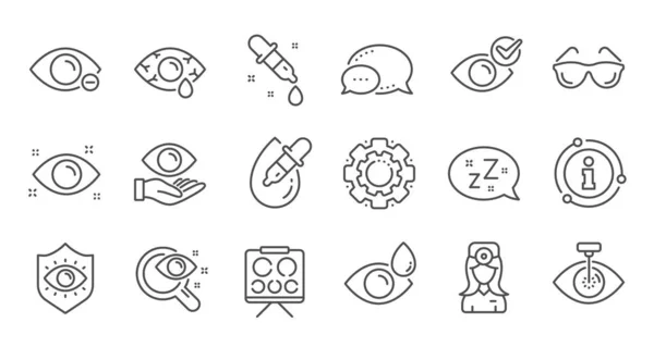 Optometrie, Eye Doctor lijn iconen. Medische laser oogchirurgie, bril en pipet. Lineaire set. Vector — Stockvector