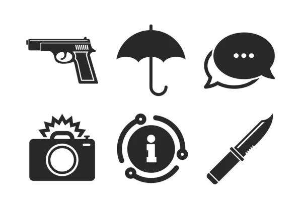 Arma. Faca, guarda-chuva e câmera fotográfica. Vetor — Vetor de Stock