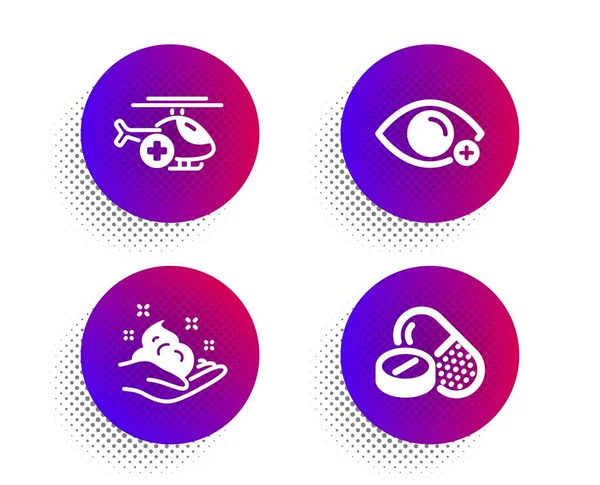 Medische helikopter, huidverzorging en verziendheid iconen set. Medische drugs teken. Vector — Stockvector