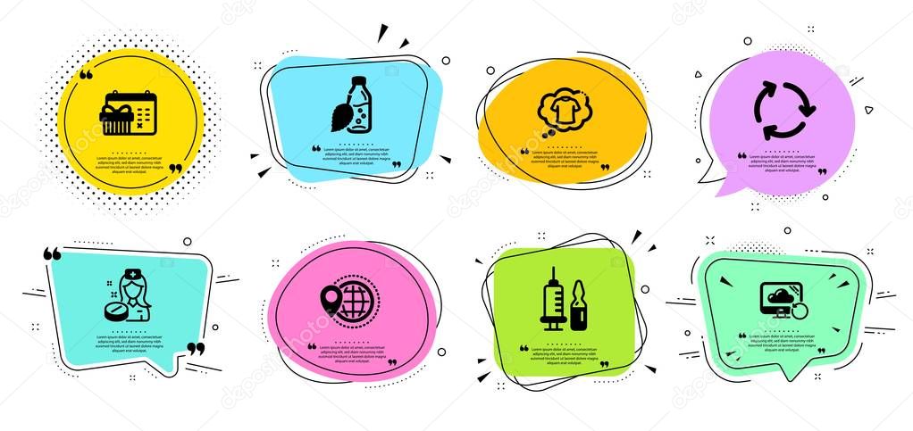 Water bottle, Recycling and Medical vaccination icons set. World travel, T-shirt and Christmas calendar signs. Vector