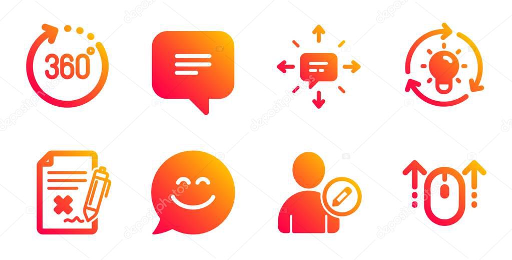 Edit user, Idea and Smile chat icons set. 360 degrees, Text message and Reject file signs. Vector