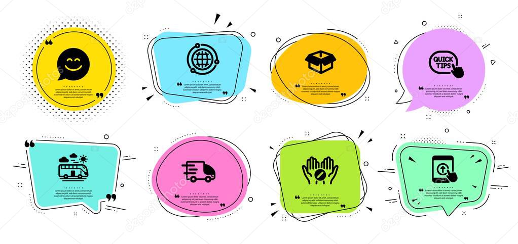 Swipe up, Bus travel and Smile chat icons set. Globe, Medical tablet and Quick tips signs. Vector