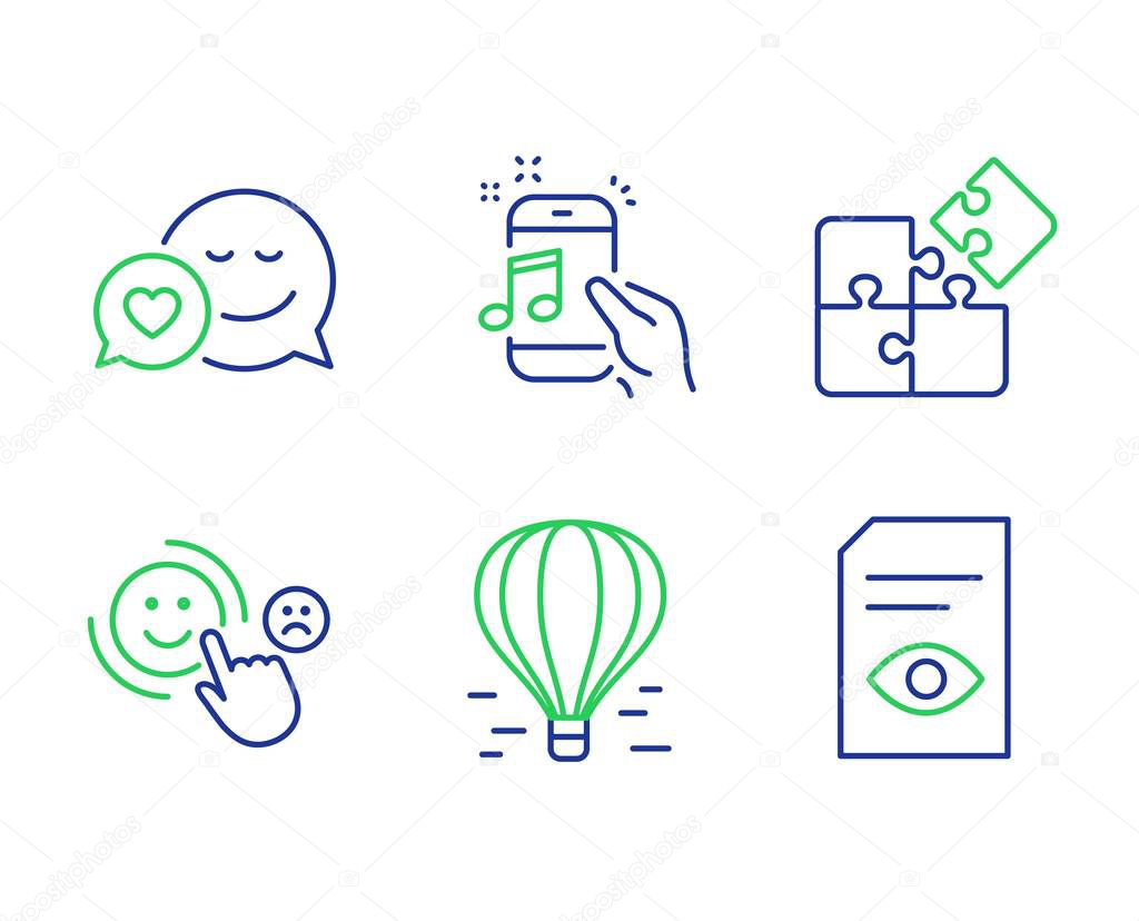 Puzzle, Dating and Air balloon icons set. Customer satisfaction, Music phone and View document signs. Vector