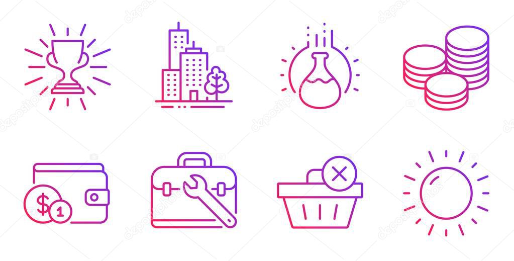 Chemistry experiment, Tool case and Skyscraper buildings icons set. Vector
