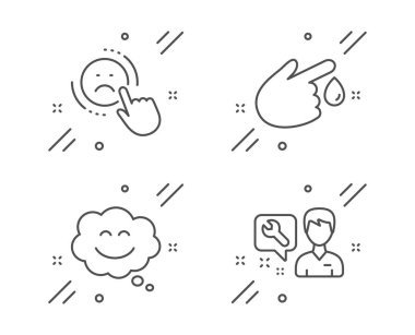 Kan bağışı, Sevmeme ve Gülümseme sohbet satırı simgeleri ayarlayın. Tamirci işareti. Yaralanma, Negatif geri bildirim, mutlu yüz. Onarım servisi. İnsanlar hazır. Satır kan bağışı anahat simgesi. Vektör