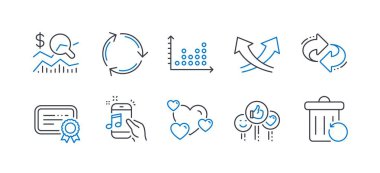 Geri Dönüşüm, Nokta çizimi, Müzik telefonu, Kalp, Yenile, Kesişim okları, Beğenme, Yatırımı Denetleme, Sertifika, Kurtarma çöp satırı simgeleri gibi Teknoloji simgeleri kümesi. Satır geri dönüşüm simgesi. Vektör