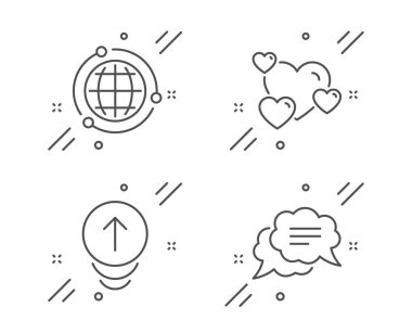Yukarı kaydırın, Kalp ve Küre satır simgeleri ayarlayın. Kısa mesaj işareti. Kaydırma sayfası, Aşk derecelendirmesi, Internet dünyası. Sohbet balonu. İş seti. Satır yukarı kaydırma anahat simgesi. Vektör