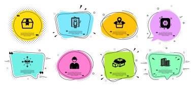 Ambalaj kutuları, Paket teslimat ve Binalar satır simgeleri ayarlayın. Tırnak işaretleri ile sohbet kabarcıklar. Mühendis, Asansör ve Cogwheel tabelaları. Paket kutusu, Paket konum sembolleri. Vektör