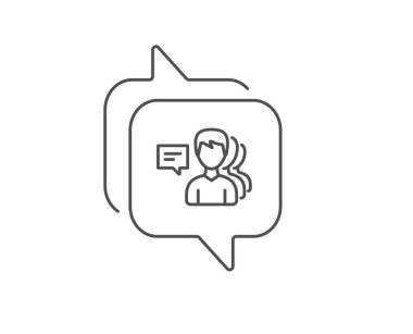 Grup Erkekler satır simgesi. Sohbet kabarcık tasarımı. İnsan iletişim sembolü. Takım çalışması işareti. Anahat kavramı. İnce çizgi insanlar simgesi. Vektör