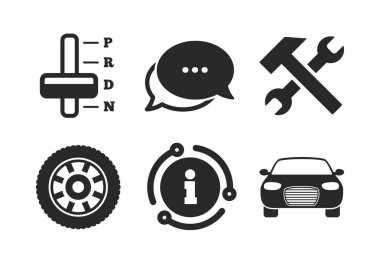 Araba takometresi ve otomatik şanzıman sembolleri. Sohbet, bilgi işareti. Taşıma simgeleri. Tekerlek işareti ile onarım servis aracı. Klasik stil konuşma kabarcık simgesi. Vektör