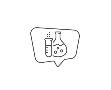 Kimya şişe çizgi simgesi. Sohbet kabarcık tasarımı. Laboratuvar tüpü işareti. Analiz laboratuarı sembolü. Anahat kavramı. İnce çizgi kimya şişe simgesi. Vektör