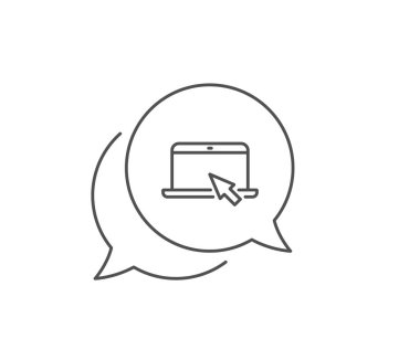 Dizüstü bilgisayar simgesi. Sohbet kabarcık tasarımı. Fare imleci işareti içeren dizüstü bilgisayar. Taşınabilir kişisel bilgisayar sembolü. Anahat kavramı. İnce çizgi taşınabilir bilgisayar simgesi. Vektör