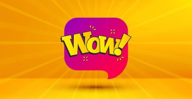 İndirim afiş şekli. Wow sohbet kabarcık rozeti. Satış kupon simgesi. Soyut sarı arka plan. Modern konsept tasarımı. Teklif rozetli banner. Vektör