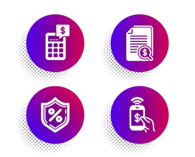 Hesap makinesi, Finansal belgeler ve Kredi yüzdesi simgeleri basit ayarlayın. Yarı ton nokta düğmesi. Telefon ödeme işareti. Para yönetimi, kontrol dokümanları, koruma kalkanı. Mobil ödeme. Finans seti. Vektör