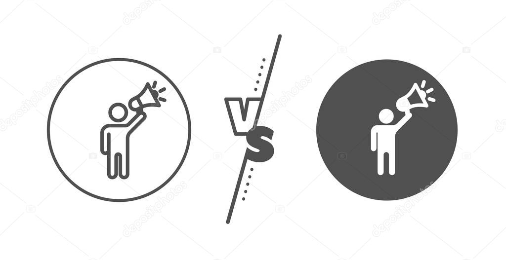 Holding megaphone sign. Versus concept. Brand ambassador line icon. Advertisement device symbol. Line vs classic brand ambassador icon. Vector