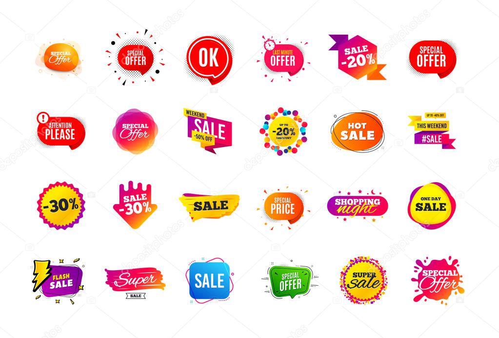 Sale banner badge. Special offer discount tags. Coupon shape templates design. Cyber monday sale discounts. Black friday shopping icons. Best ultimate offer badge. Super discount icons. Vector banners